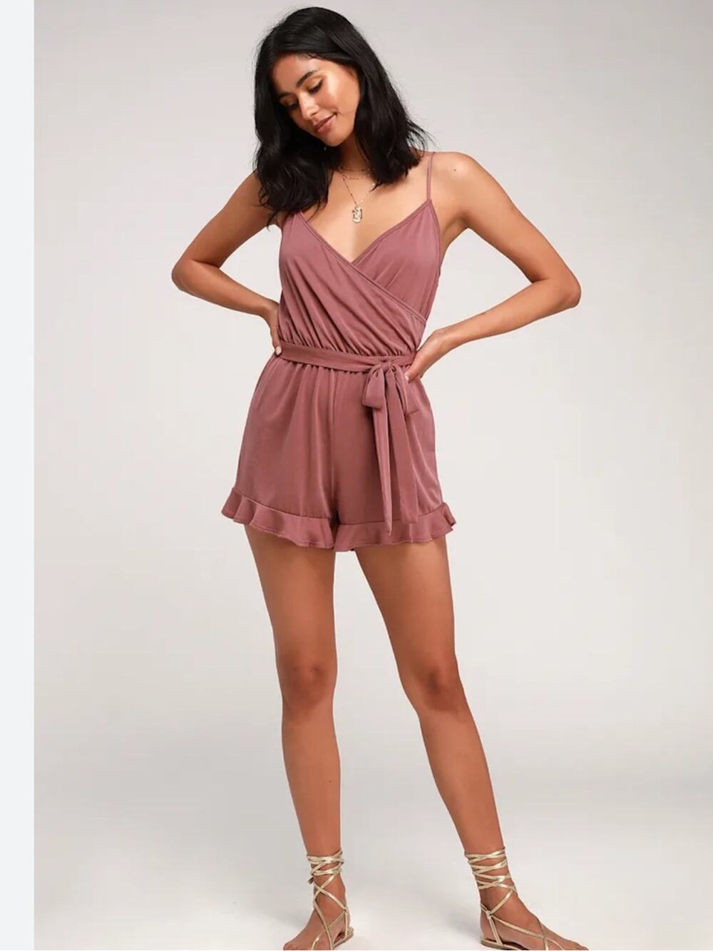 Lulus Katelyn Rusty Rose Ruffled Surplice Romper Size XS